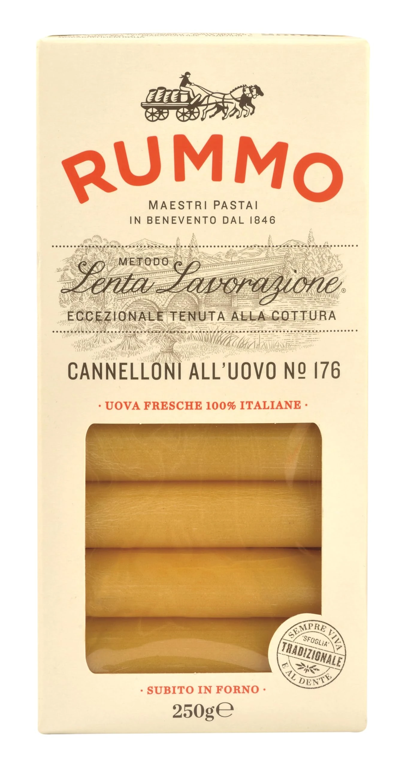 Rummo Egg Cannelloni All'uovo Pasta No.176 - Traditional Italian Pasta Tubes, Expertly Crafted for Rich, Filled Dishes, 250 g (Pack of 1)
