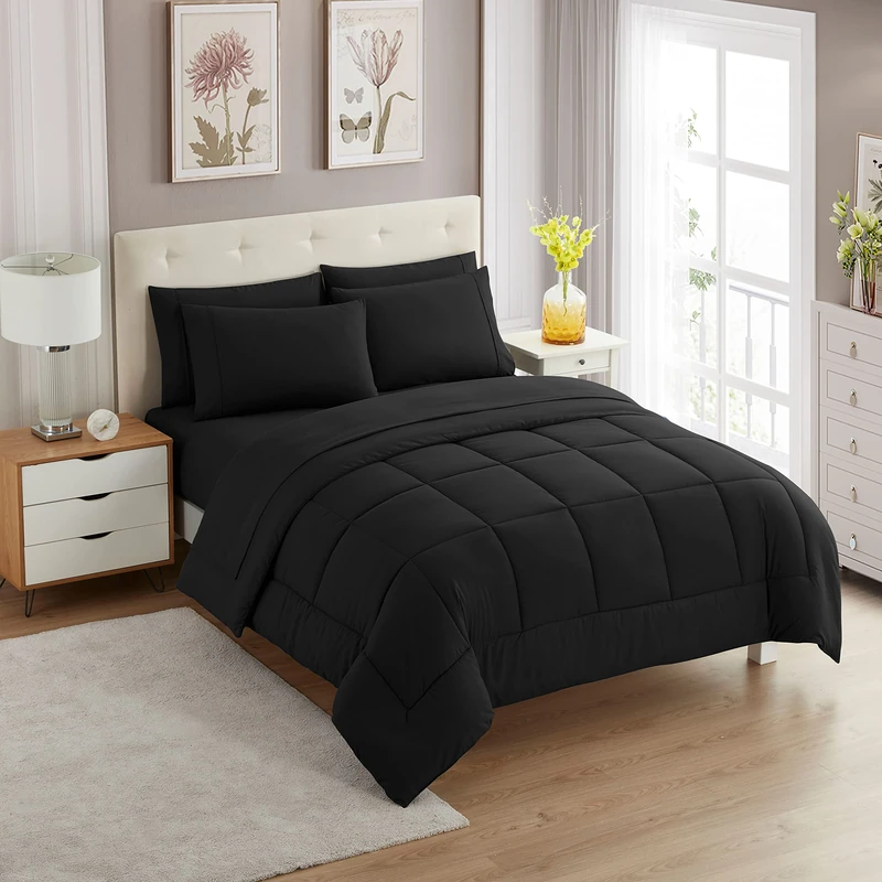 Sweet Home Collection Soft Down Alternative Blanket & Luxurious Microfiber Bed Sheets, Polyester, Black, Twin