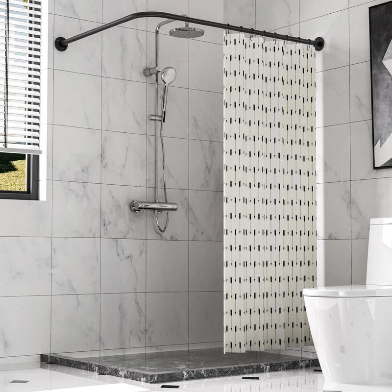 Sikaiqi Stretchable 304 Stainless L Shaped Bathroom Bathtub Corner Shower Curtain rail Rack (Black 90-130 cm x 90-130 cm)