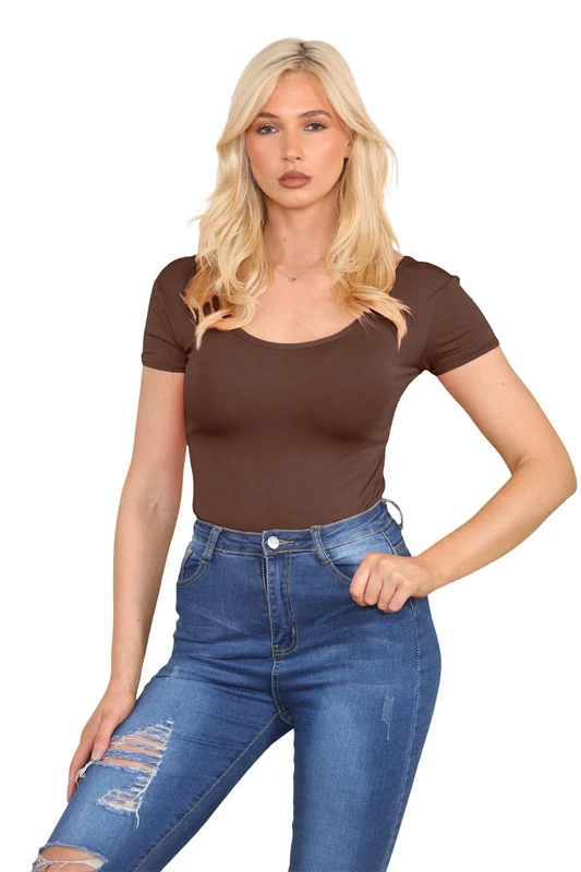 janisramone® Women s Bodysuits, Short Cap Sleeve Body Suit, Round Neck Bodysuits for Women UK, Stretch Leotard, Plunge Bodysuit, T-Shirt Top