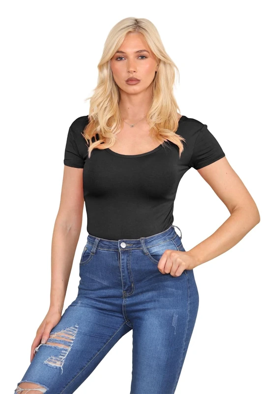 janisramone® Women s Bodysuits, Short Cap Sleeve Body Suit, Round Neck Bodysuits for Women UK, Stretch Leotard, Plunge Bodysuit, T-Shirt Top