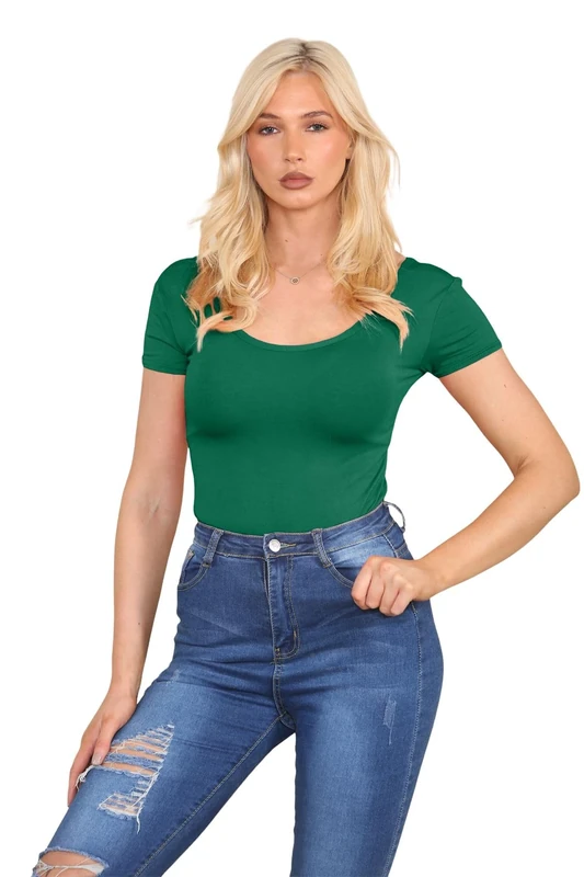 janisramone® Women s Bodysuits, Short Cap Sleeve Body Suit, Round Neck Bodysuits for Women UK, Stretch Leotard, Plunge Bodysuit, T-Shirt Top