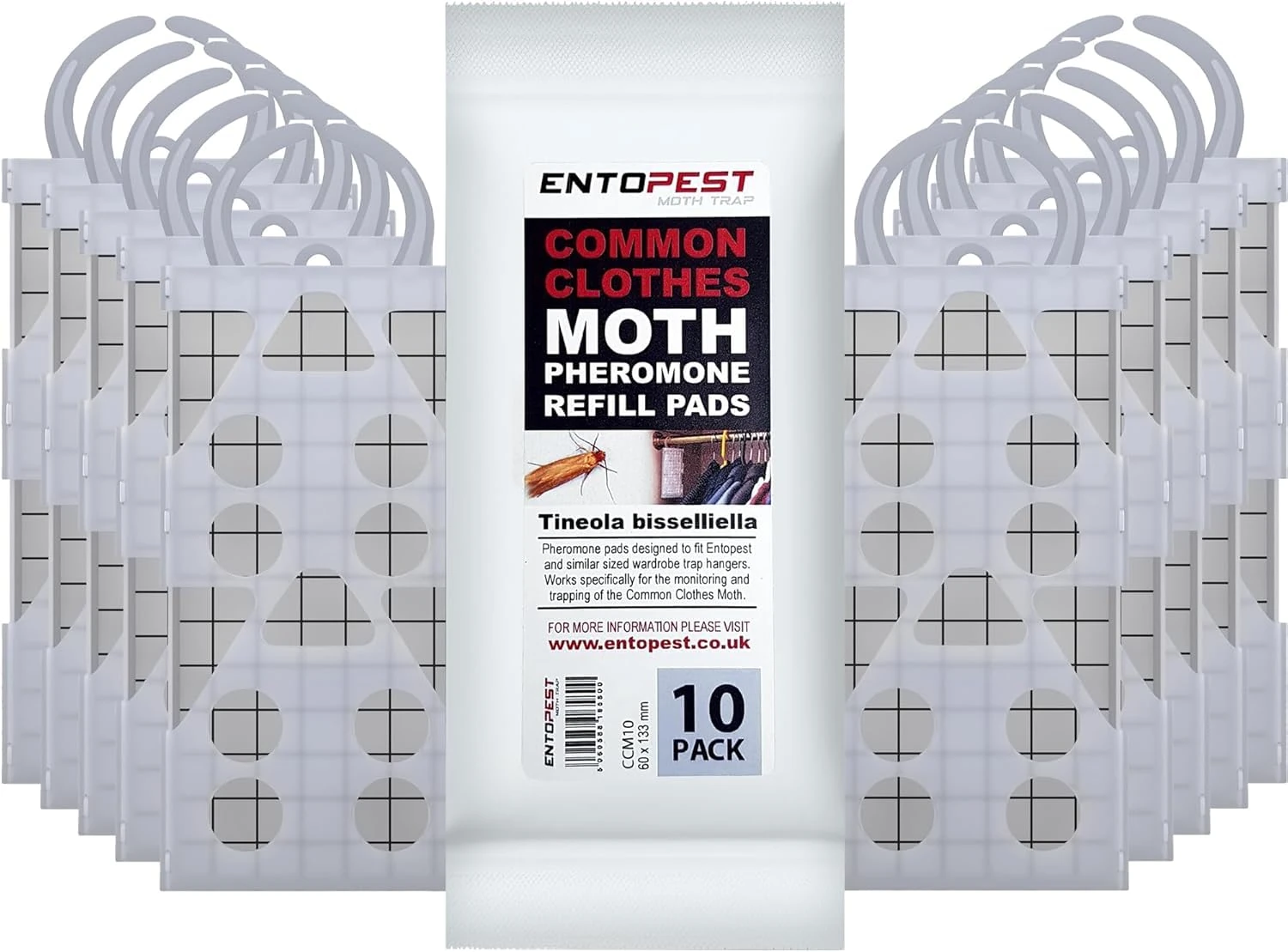 Entopest – Monitoring Moth Peds | 10 Refill Pads & 10 Reusable Hangers | Clothes Moth Detection | Sticky Monitoring Pads for Wardrobes | Pheromone-Based Monitoring Only