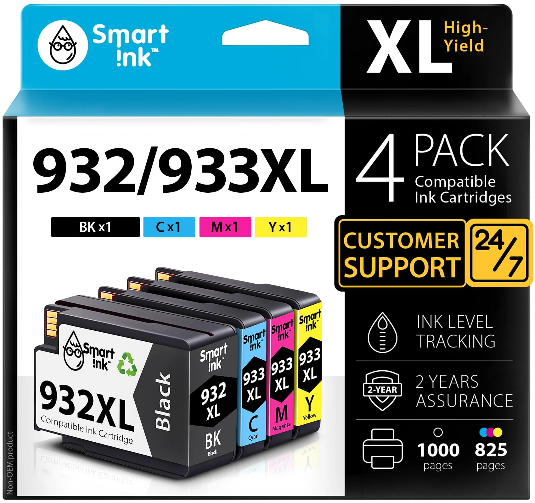 Smart Ink Compatible Ink Cartridge Replacement for HP 932XL 933XL 932 XL 933 High Yield (BK & C/M/Y 4 Combo pack) to use with Officejet 6100 6600 6700 7110 7510 7610 7612 7620