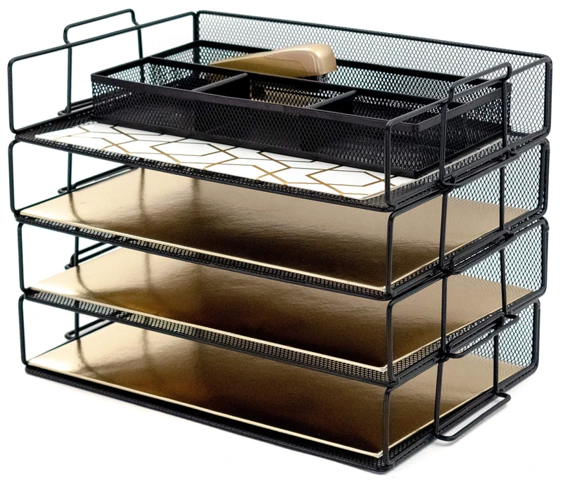 Blu Monaco Desk Organizers and Accessories Stackable Paper Tray - 4 Tier Stackable Letter Trays - Black Metal Mesh File Holder Organizer