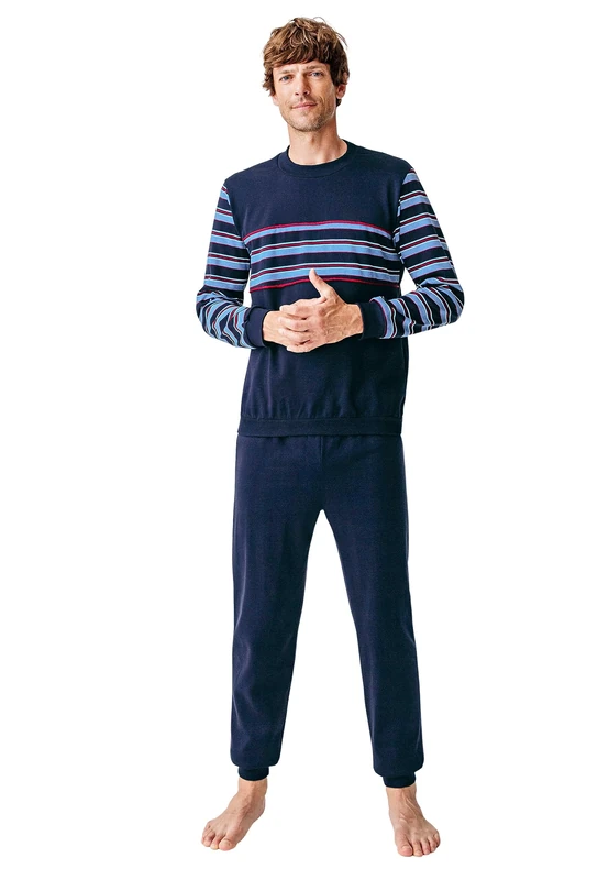 Damart Thermolactyl Fleece Pyjamas, Navy Blue Striped, XL - Image 1