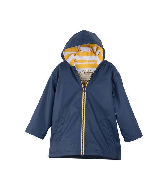 Hatley Kids Zip-Up Rain Jacket, Navy & Yellow, 3 Years