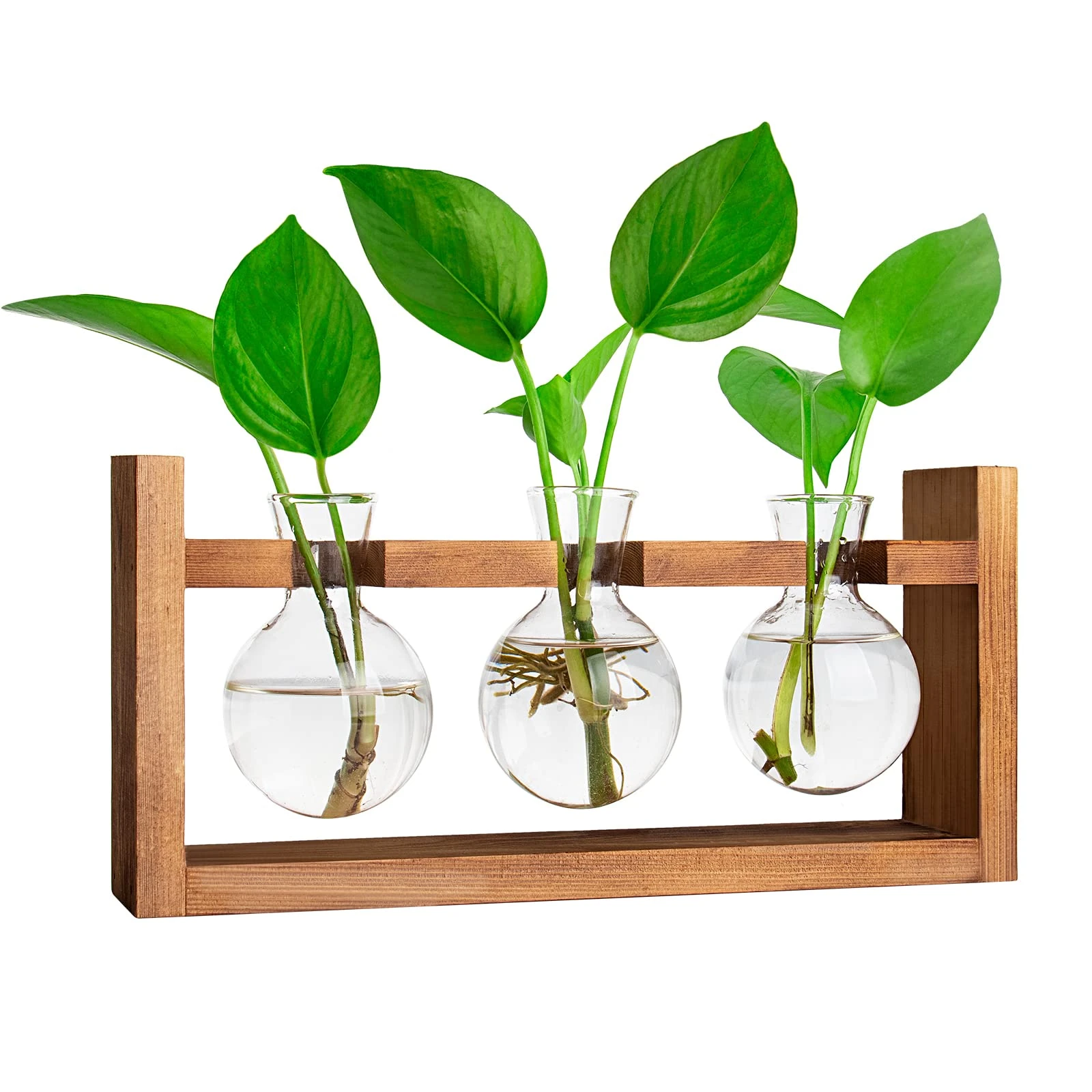 Ivolador Desktop Glass Planter Bulb Vase with Retro Solid Wooden Stand and Metal Swivel Holder for Hydroponics Plants Home Garden Wedding Decor(1 Bulb Vase)