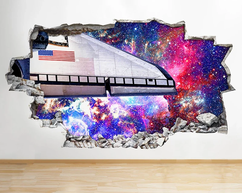 R148 Space Ship Space Stars Cool Smashed Wall Decal 3D Art Stickers Vinyl RoomKids Bedroom Baby Nursery Cool Livingroom Hall Boys Girls