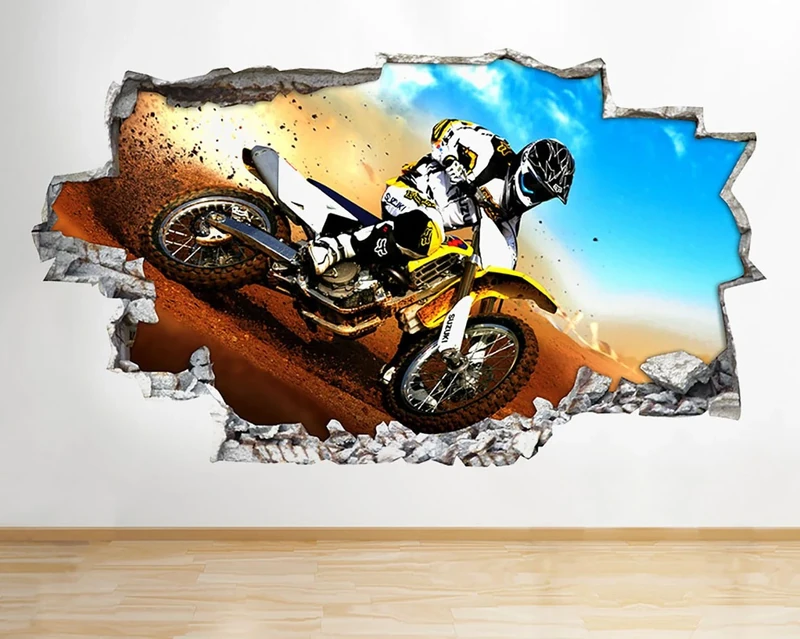 R993 Cool Scrambler Bike Skid Hall Smashed Wall Decal 3D Art Stickers Vinyl RoomKids Bedroom Baby Nursery Cool Livingroom Hall Boys Girls