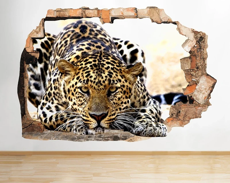 R615 Leopard Wild Cat Jungle Cool Smashed Wall Decal 3D Art Stickers Vinyl RoomKids Bedroom Baby Nursery Cool Livingroom Hall Boys Girls
