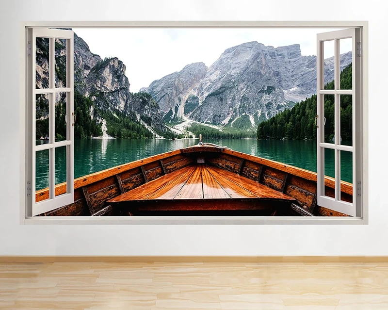 R889 Scenic Mountains Boat Nature Window Wall Decal 3D Art Stickers Vinyl RoomKids Bedroom Baby Nursery Cool Livingroom Hall Boys Girls