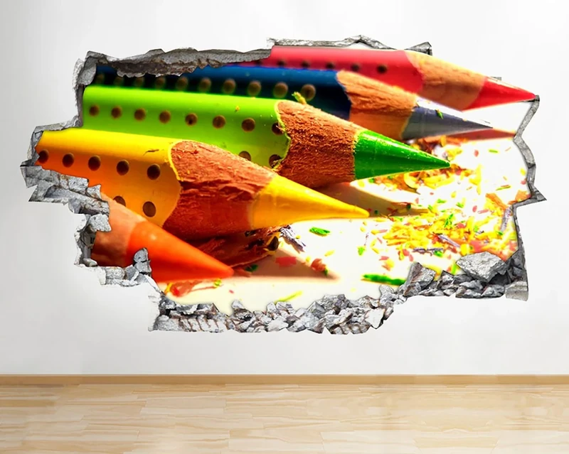 R999 Colouring Pencils Art Draw Smashed Wall Decal 3D Art Stickers Vinyl RoomKids Bedroom Baby Nursery Cool Livingroom Hall Boys Girls