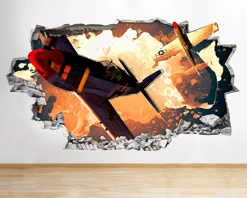 R081 WW2 Airplanes War Soldiers Smashed Wall Decal 3D Art Stickers Vinyl RoomKids Bedroom Baby Nursery Cool Livingroom Hall Boys Girls