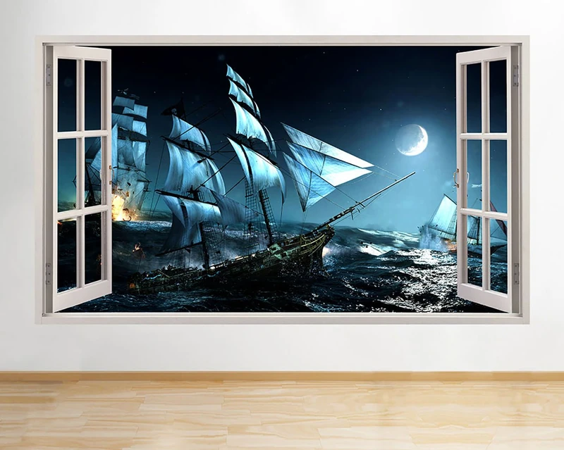R971 Sea Pirate Ship Cool Kids Boys Window Wall Decal 3D Art Stickers Vinyl RoomKids Bedroom Baby Nursery Cool Livingroom Hall Boys Girls