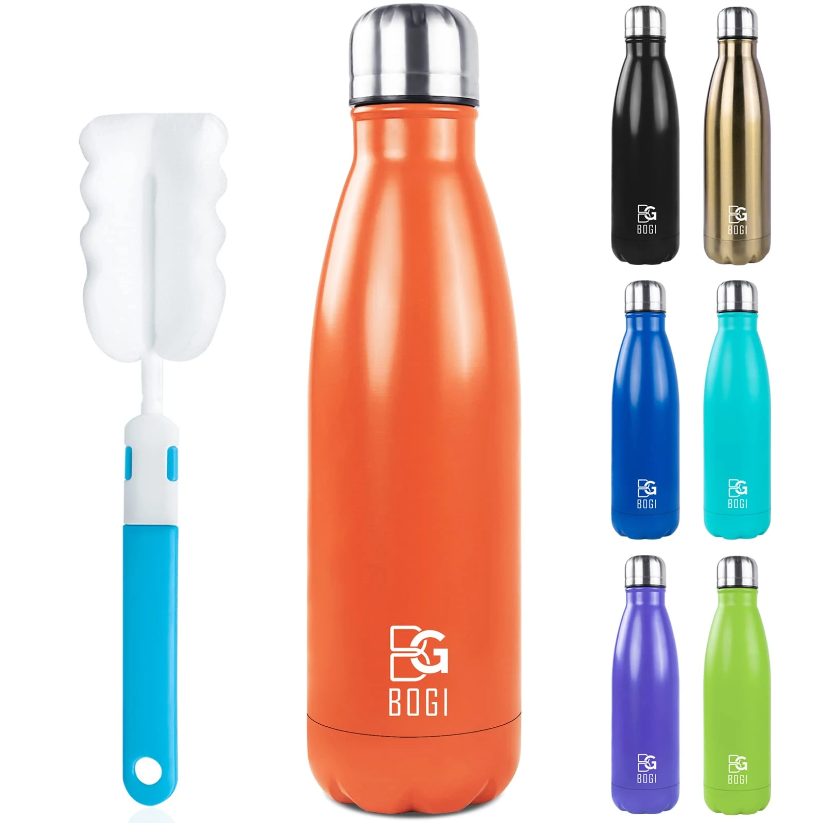 BOGI Insulated Water Bottles,500ml Metal Water Bottle,Leakproof Stainless Steel Water Bottle Keep Hot and Cold Water Bottle Bike Gym Sports Water Bottle for Girls Kids with Cleaning Brush(Orange)