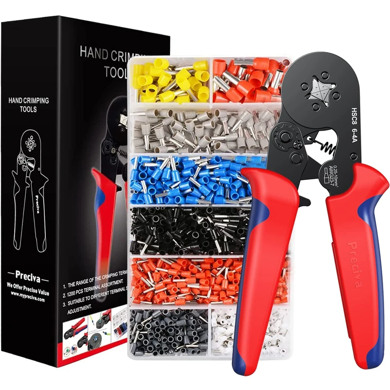 Crimping Plier Set, Preciva 0.25-10mm² Ferrule Crimper Tool with 1200 Wire End Connectors, Self-Adjustable Ratchet Bootlace Cables Crimp Tools, Electrical Cable Lug Pliers Kit