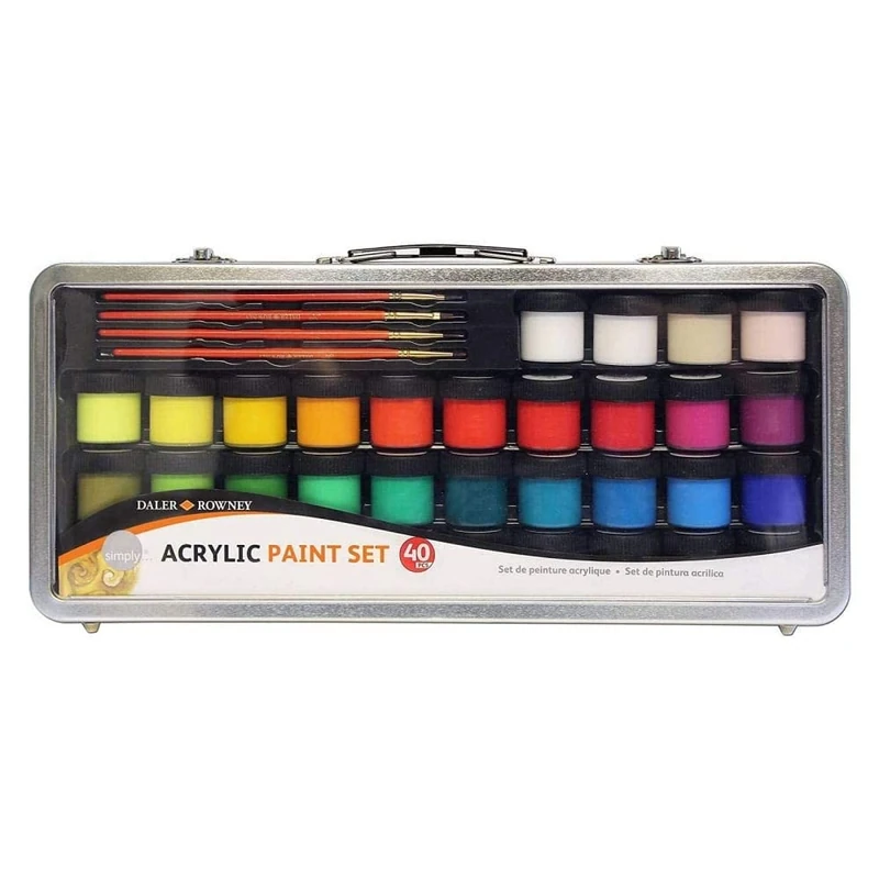 Daler-Rowney Simply Acrylic Paint, Plastic Pot, 0.61oz - 18 ml, Plastic Suitcase, 40 Assorted Colours, 40pcs
