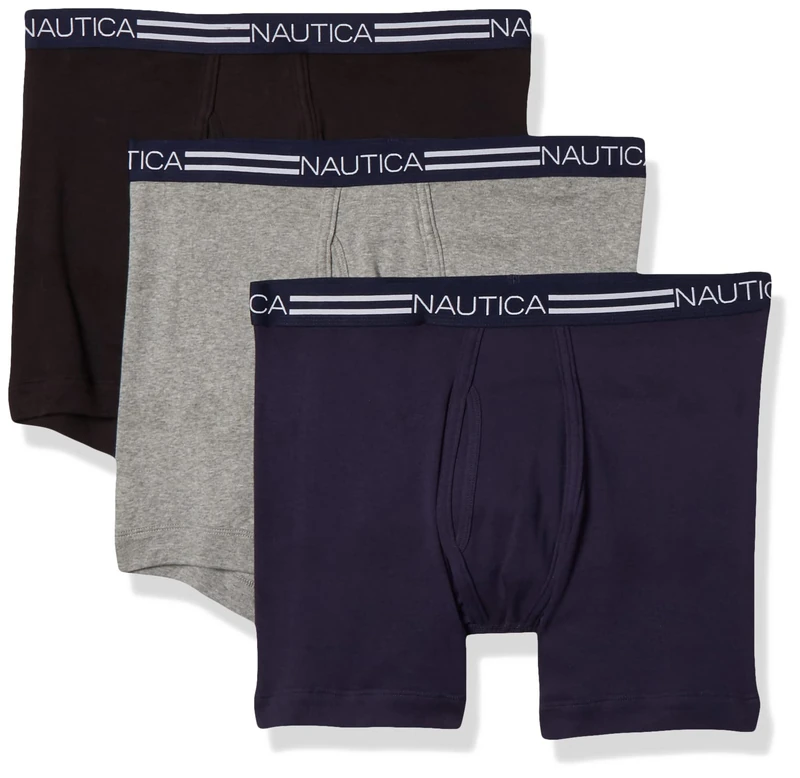 Nautica Men's Classic Cotton 3-Pack Boxer Briefs, Black/Heather Gray/Navy, S (Pack of 3)