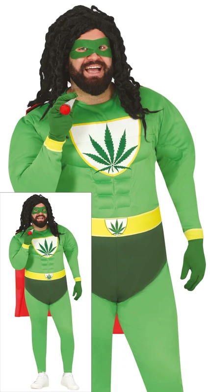 FIESTAS GUIRCA | Adult Marijuana Superhero Costume (42-44/ L) - Mask, Cape, Belt, Gloves and Jumpsuit - Superhero and Villain Costumes for Bachelor Party, Carnival and Parties - Men - Green and Red