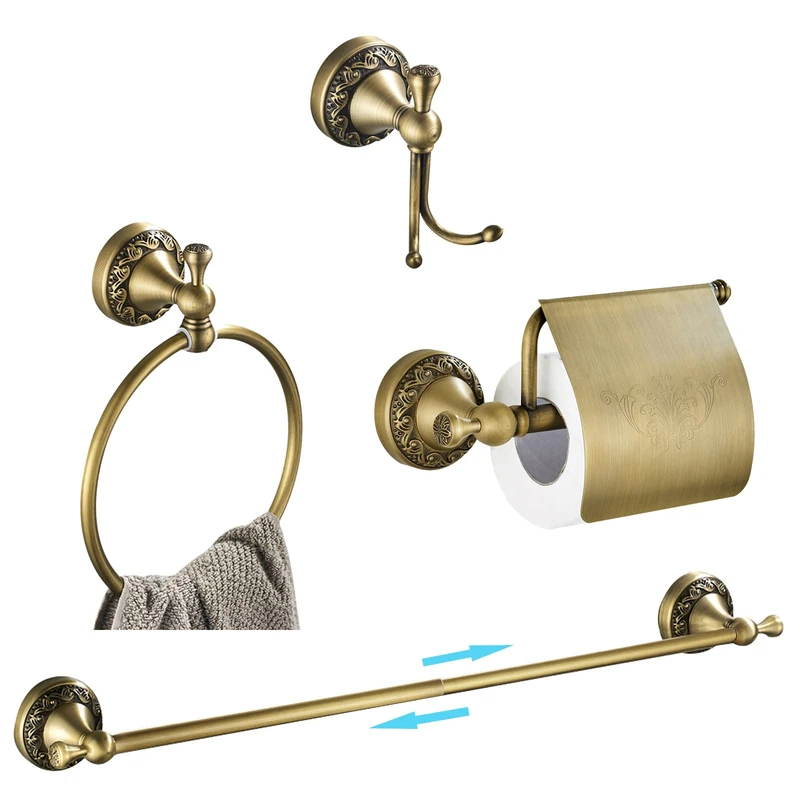 WINCASE Antique Brass Bathroom Accessories, Retro Bathroom Hardware, Brass Bath Towel Bar Set 24 Inch 4 Piece Tolilet Paper Holder Robe Hook Wall Mounted Vintage