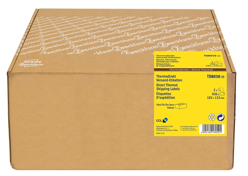 AVERY Zweckform TD8050-25 Thermodirekt Labels (102 x 152 mm, 950 Self-Adhesive Parcel Stickers on 2 Rolls with 25 mm Core Thermal Labels for Desktop Label Printer) White
