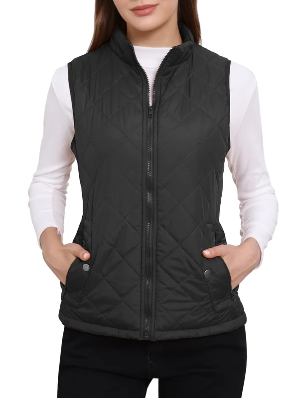 Allegra K Women's Body Warmer Stand Collar Lightweight Quilted Zip Jacket Gilet Black L