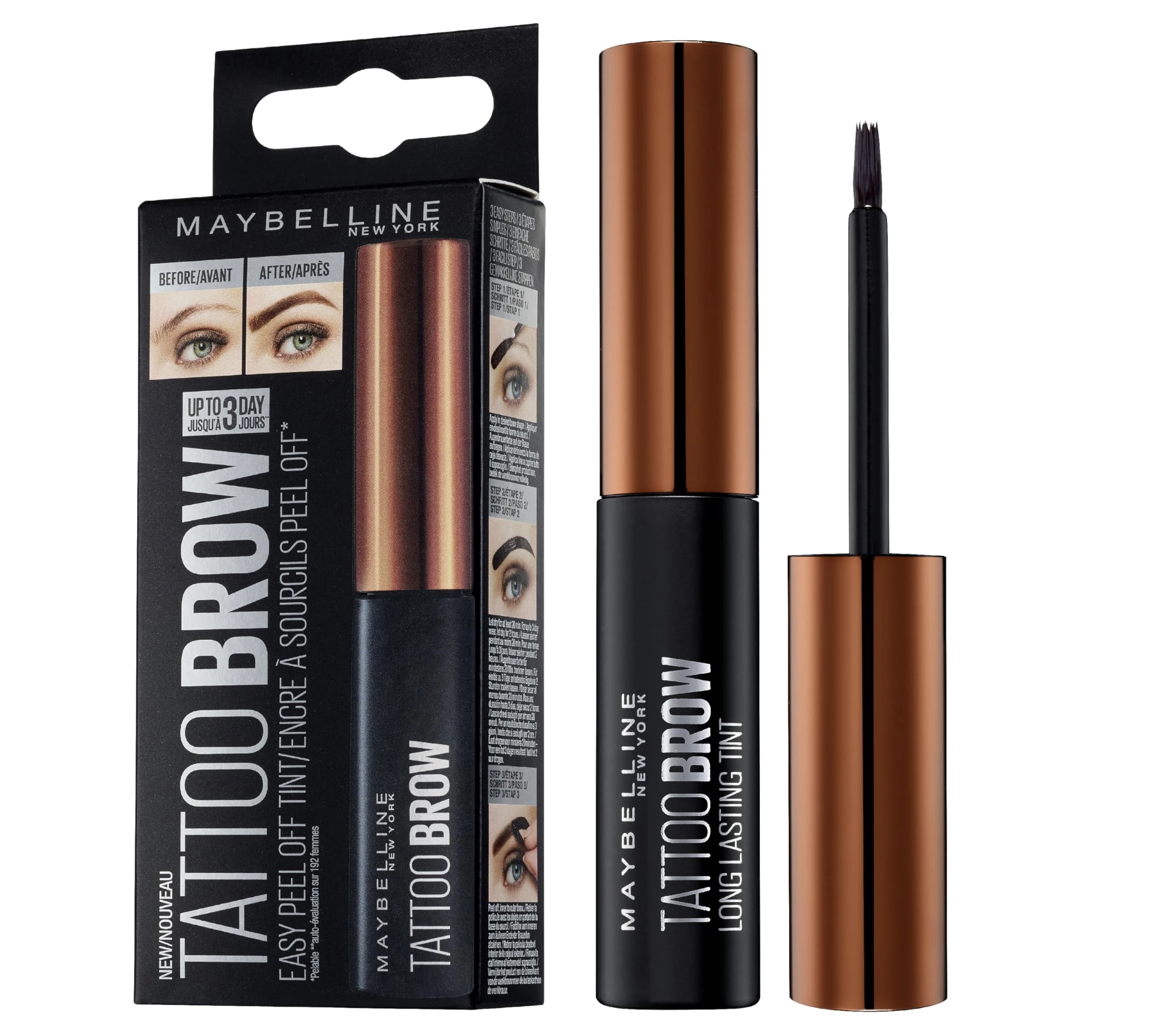 Maybelline New York Tattoo Brow Peel Off Eyebrow Gel Tint, Semi-Permanent Colour, Waterproof, Lasts up to 3 Days, Colour: Light Brown