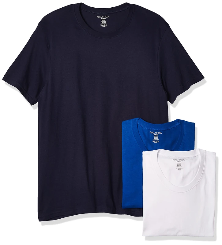 Nautica Men's Cotton Crew Neck 3-Pack T-Shirt Undershirt, Peacoat/Cobalt/White, Large (Pack of 3)