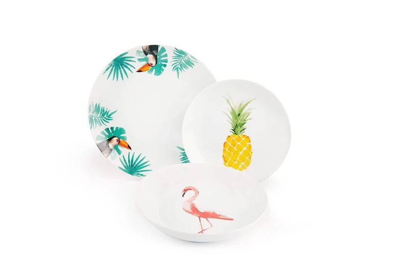 Excelsa Tropical 18-Piece Dinnerware Set, White Porcelain with Decorations