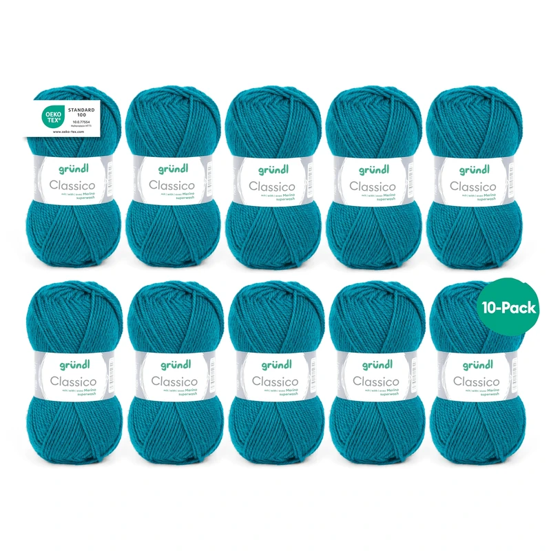 Gründl Classico Wolle (Oeko-TEX® Certified Knitting/Crochet Yarn Made of 50% Pure New Wool (Merino Superwash) & 50% polyacrylic, 50 g/120 m, Needle Size: 3.5-4.5, 10 Balls á 50 g), Petrol