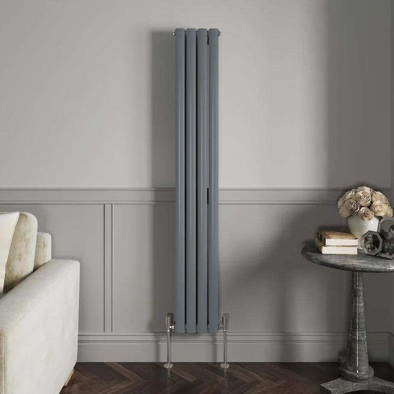 NRG 1600 x 236 mm Vertical Column Radiator Anthracite Double Oval Panel | Designer Radiator Bathroom Central Heating | with One Pair of Free Modern Angle Valves
