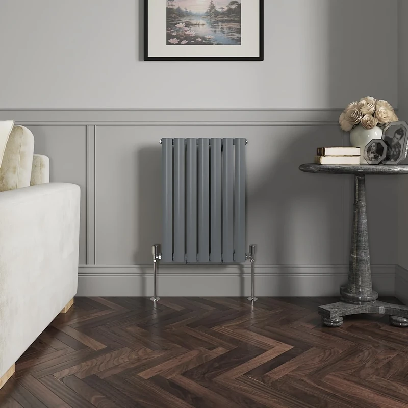 NRG 600 x 413 mm Horizontal Column Radiator Anthracite Single Oval Panel | Designer Radiator Bathroom Central Heating | with One Pair of Free Modern Angle Valves