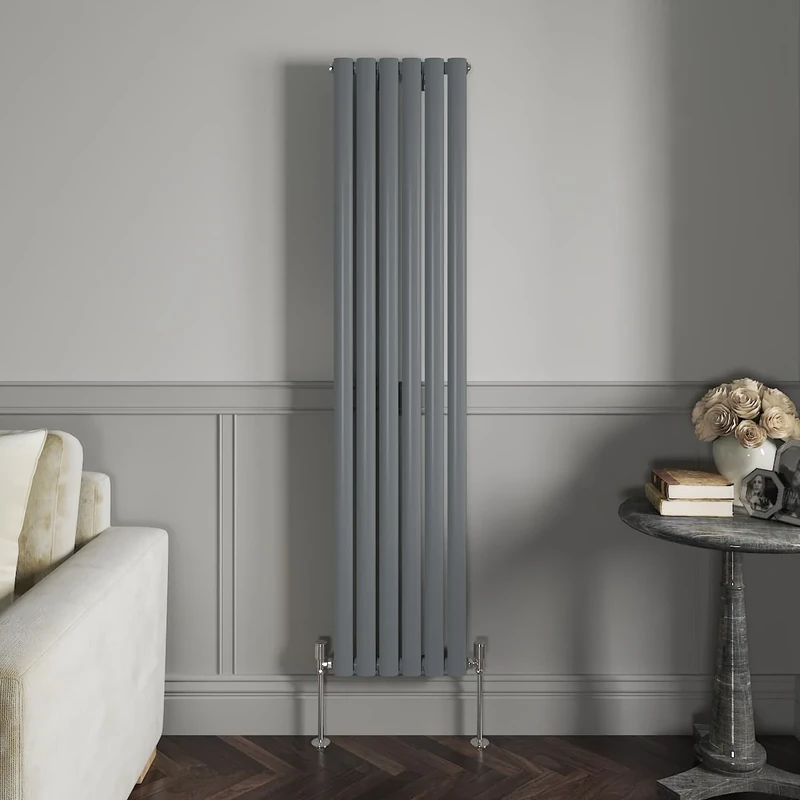 NRG 1600 x 354 mm Vertical Column Radiator Anthracite Single Oval Panel | Designer Radiator Bathroom Central Heating | with One Pair of Free Modern Angle Valves
