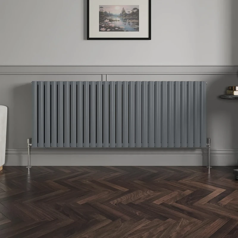 NRG 600 x 1593 mm Horizontal Column Radiator Anthracite Double Oval Panel | Designer Radiator Bathroom Central Heating | with One Pair of Free Modern Angle Valves