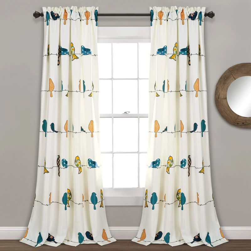 Lush Decor Rowley Birds Light Filtering Window Curtain Panels, Pair, 52" W x 84" L, Multi - Colorful Floral Print - Whimsical & Playful Bird Curtains For Bedroom, Living Room, Or Dining Room