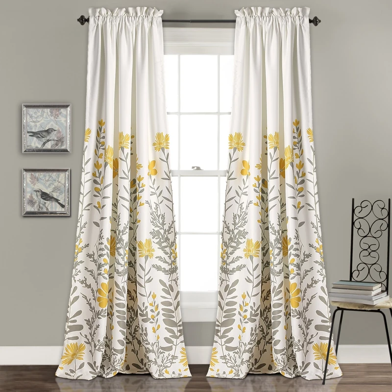 Lush Decor Aprile Room Darkening Curtains Floral Leaf Design Window Panel Drapes Set for Living, Dining, Bedroom (Pair), 52" W x 84" L, Yellow & Gray