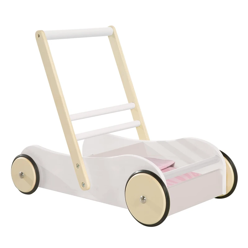 roba Baby Walker Scarlett for Babies - Walking Aid for Children - Doll Carriage with Pink Textiles - White Painted Wood