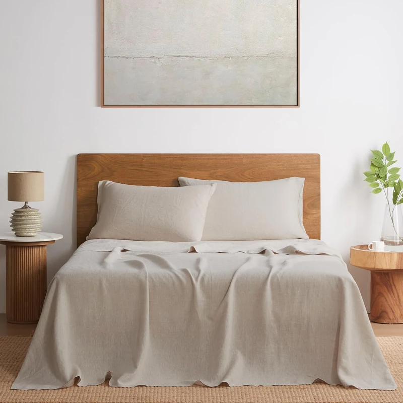 DAPU Pure Linen Sheets Set, 100% French Linen from Normandy, Breathable and Durable for Hot Sleepers, 4 Pcs Set - 1 Flat Sheet, 1 Fitted Sheet, 2 Pillowcases (Natural Linen, Queen)