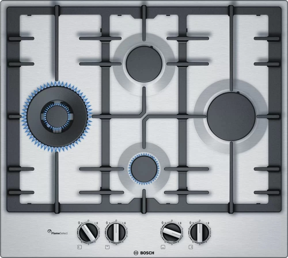 Bosch PCI6A5B90 Built In Gas Hob with 4 Hotplate Burners in Stainless Steel
