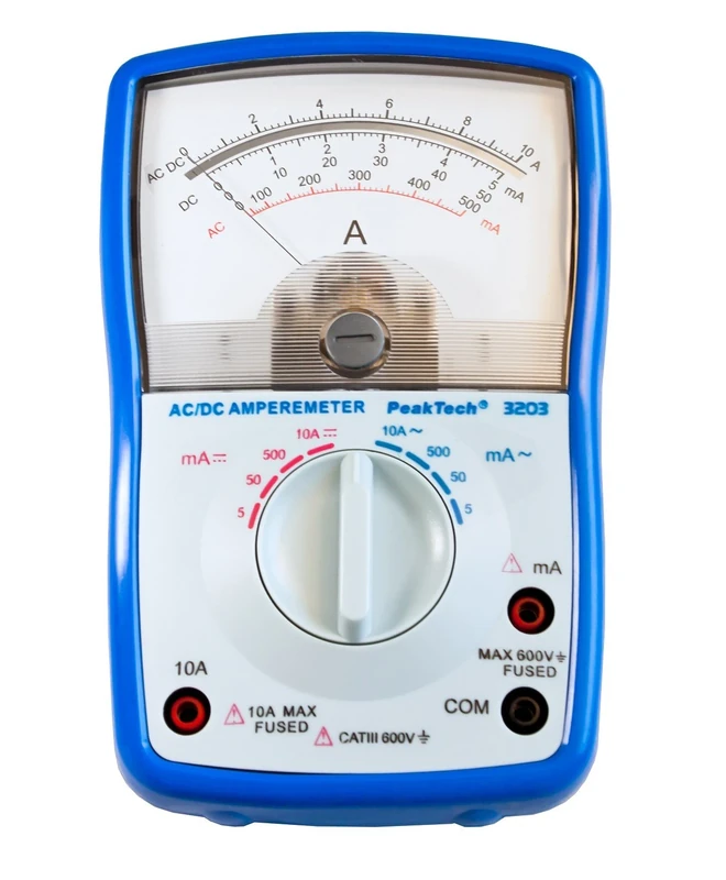 PeakTech Analogue Ammeter Cat III 600 V Max. 10A AC/DC; 5mA/ 50mA/ 500mA/ 10A AC DC; Analogue Instrument, 1 Piece, P 3203