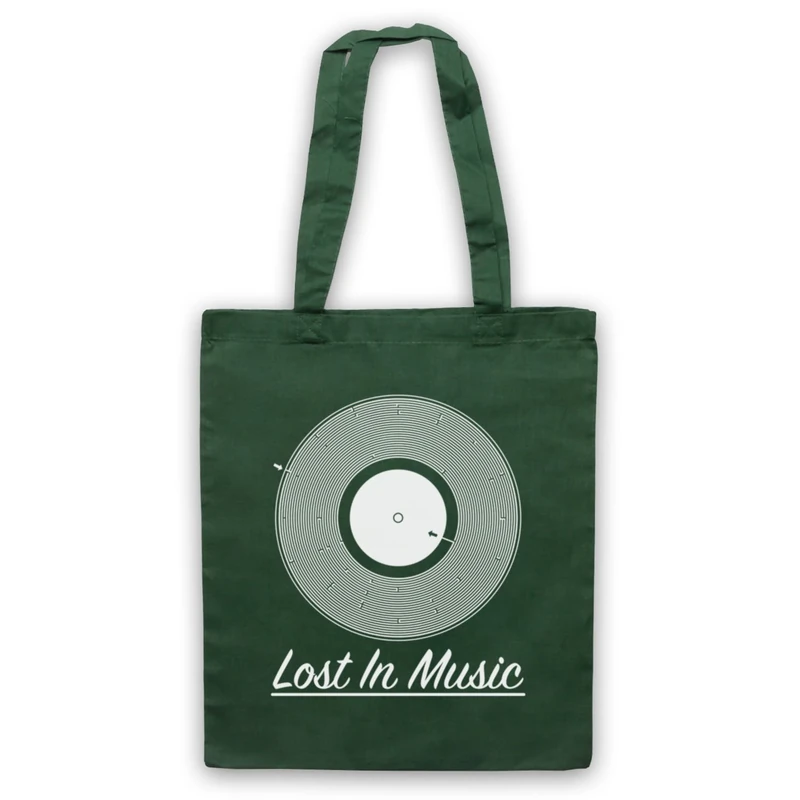 My Icon Art Lost In Music Vinyl Record Tote Bag - Dark Green