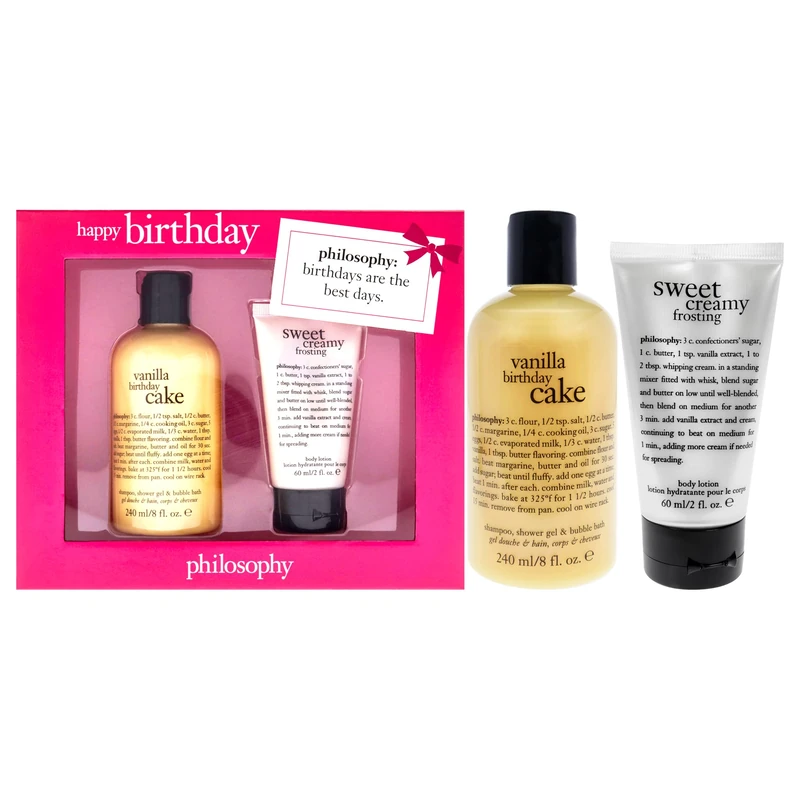 Philosophy Happy Birthday For Women 2 Pc Kit 8oz Vanilla Birthday Cake Shampoo Shower Gel and Bubble Bath, 2oz Sweet Creamy Frosting Body Lotion