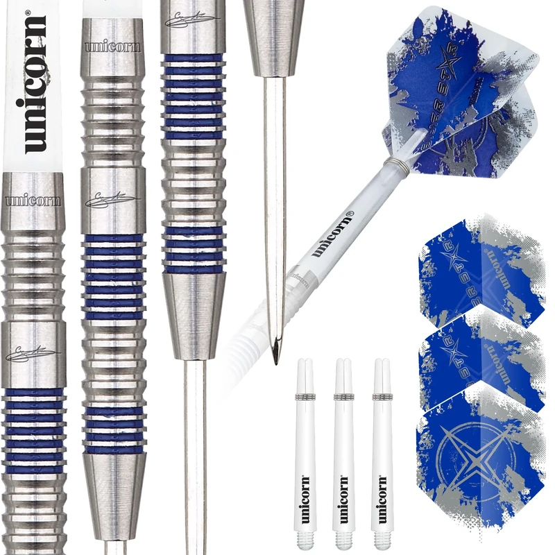 Unicorn Steel Tip Professional Darts Set | Gary 'The Flying Scotsman' Anderson Silver Star | 80% Natural Tungsten Barrels with Blue Accents | 22 g