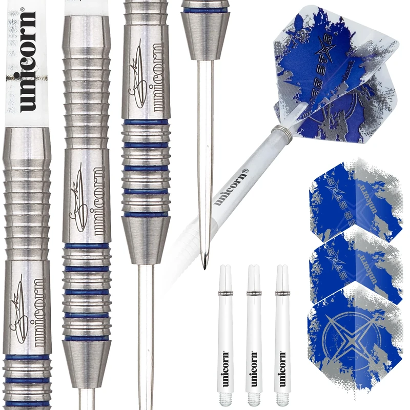 Unicorn Steel Tip Professional Darts Set | Gary 'The Flying Scotsman' Anderson Silver Star | 80% Natural Tungsten Barrels with Blue Accents | 27 g