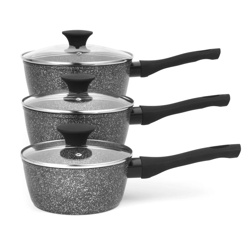 Salter Megastone 3-Piece Pan Set - Non-Stick Cooking Pots, Induction Hob Suitable, 16/18/20 cm Saucepans, Durable Forged Aluminium Cookware, Includes Tempered Glass Lids, Dishwasher Safe