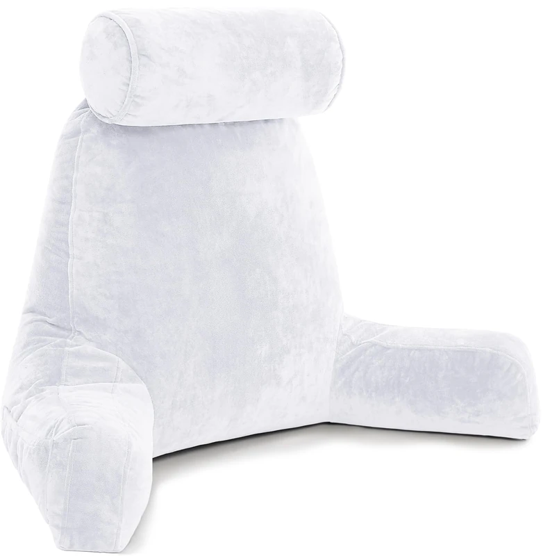 Husband Pillow XXL White Backrest with Arms - Adult Reading Pillow Shredded Memory Foam, Ultra-Comfy Removable Microplush Cover & Detachable Neck Roll, Unmatched Support for Bed Rest Sit Up Pillow