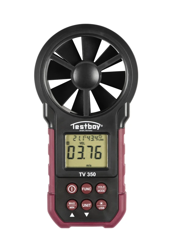 Testboy TV 350 digital anemometer (for heating, ventilation and air conditioning construction, illuminated LC display, min/max value memory, USB interface for evaluating the data on the PC), red/black