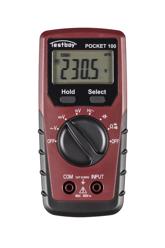 Testboy Pocket 100 digital multimeter (small and handy, voltage measurement up to 600 V AC/DC, LC display with backlight, data hold function, T-RMS), red/black