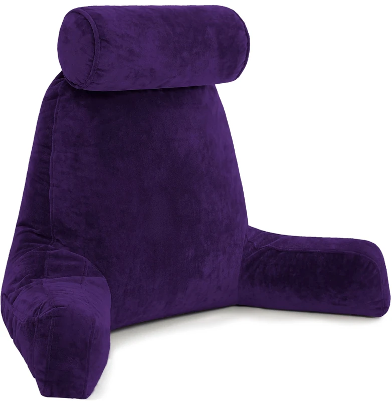 Husband Pillow XXL Purple Backrest with Arms - Adult Reading Pillow with Shredded Memory Foam, Ultra-Comfy Removable Microplush Cover & Detachable Neck Roll, Unmatched Support Bed Rest Sit Up Pillow